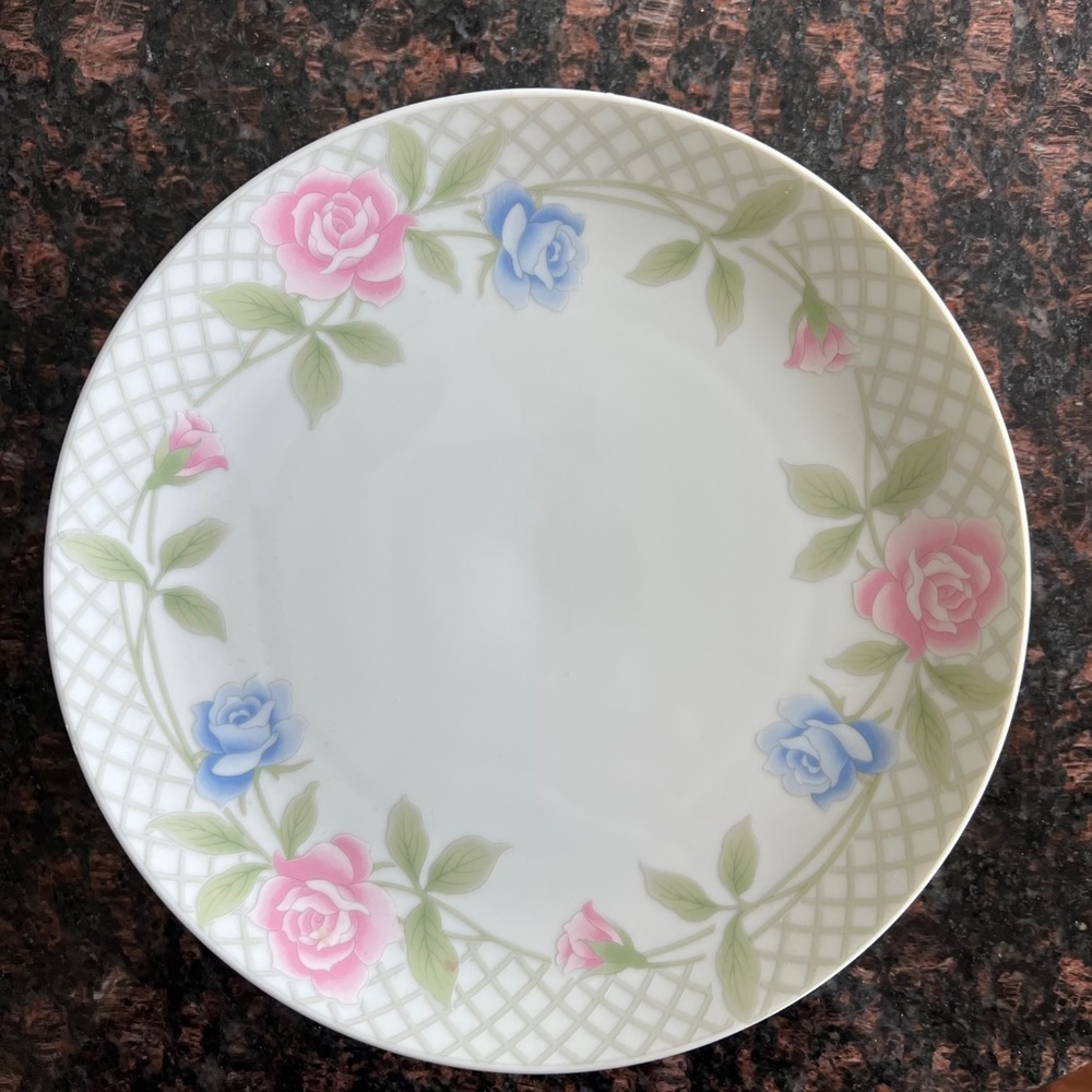 Vintage Himark Japan Rose Trellis Pedestal Cake Plate, Blue & Pink Roses